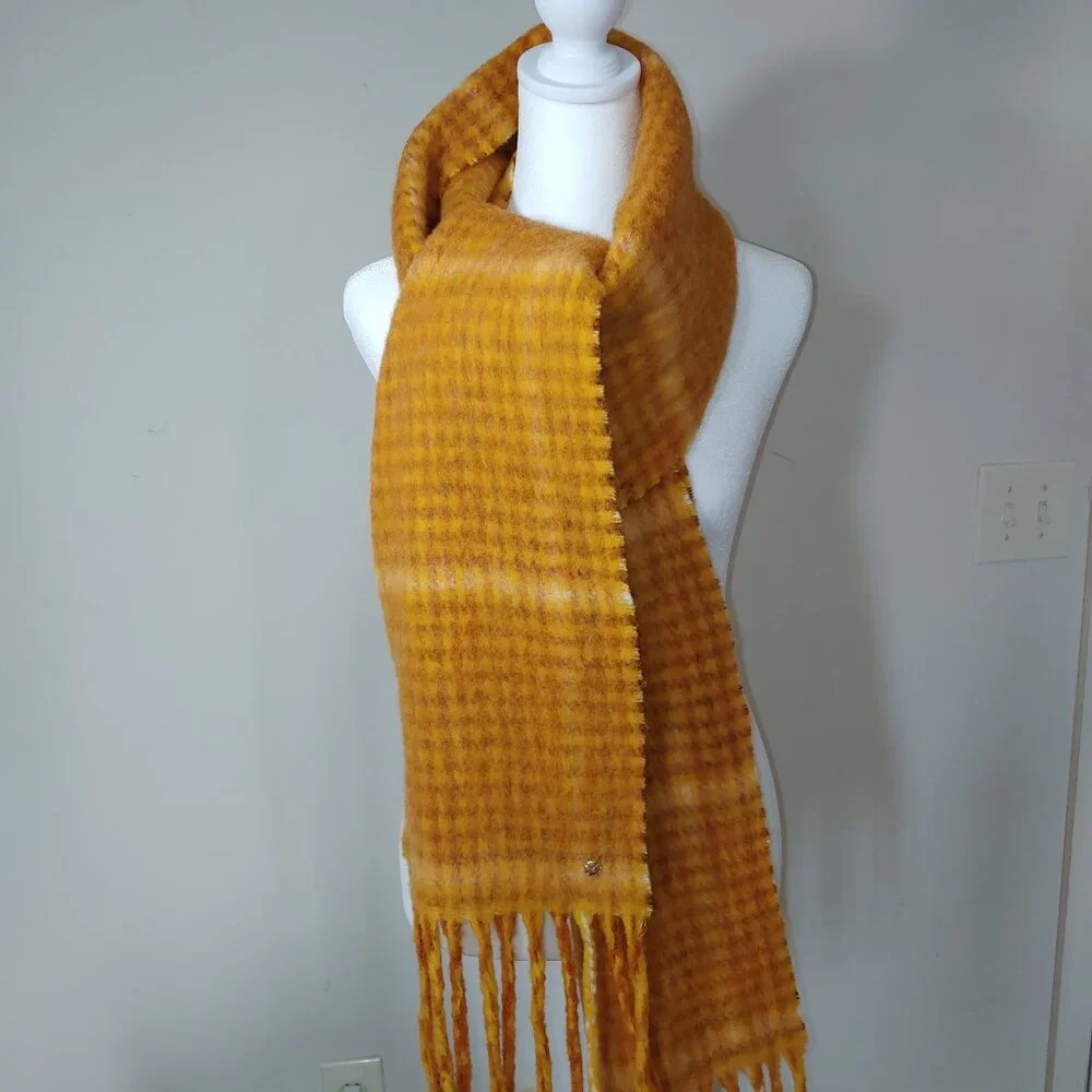 Kate Spade Fiesta Plaid Brushed Scarf Wool Blend Orange Fringed Plaid OS